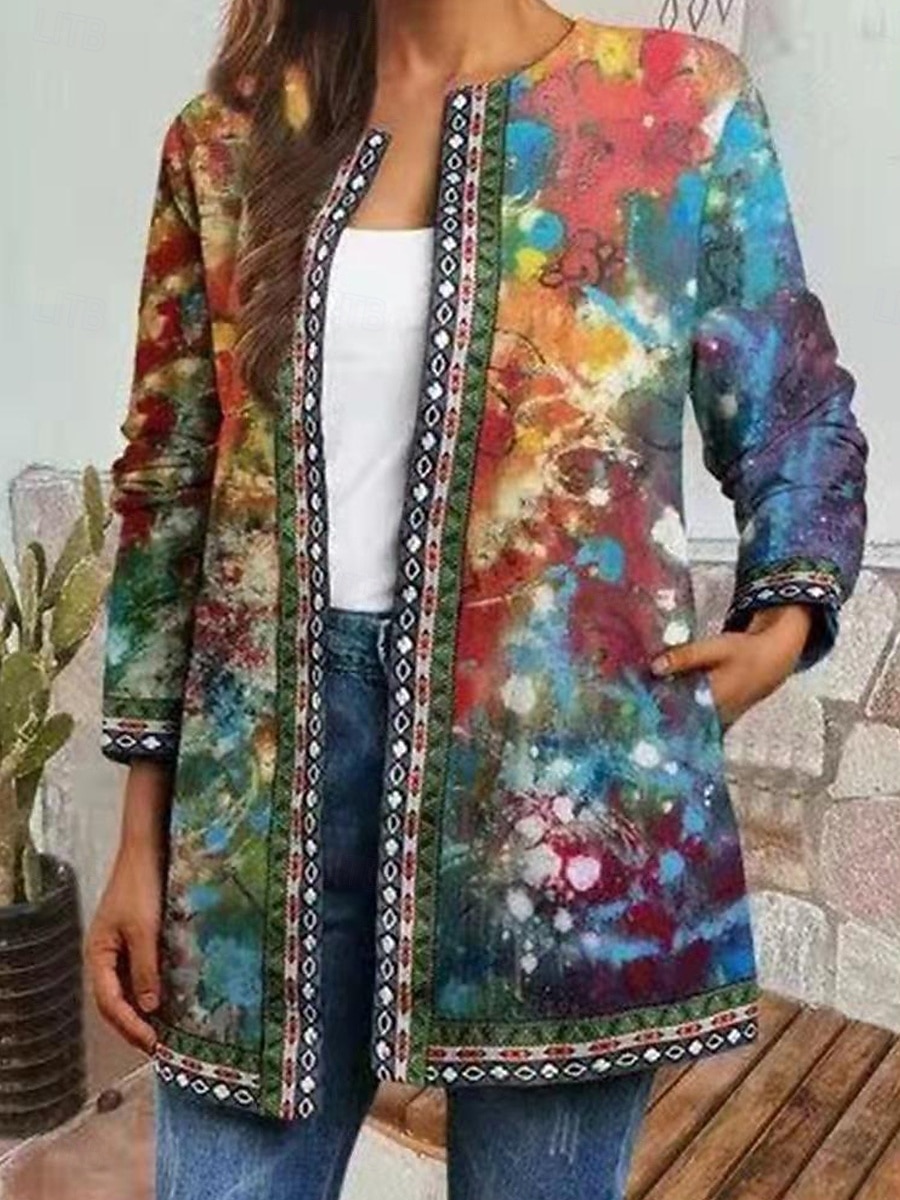 Geacă casual pentru femei, de zi cu zi, cu buzunar, cu imprimeu floral, călduroasă, la modă, croială regulată, îmbrăcăminte exterioară, mânecă lungă, primăvară, gri, verde 2025 - $31.99 –P2