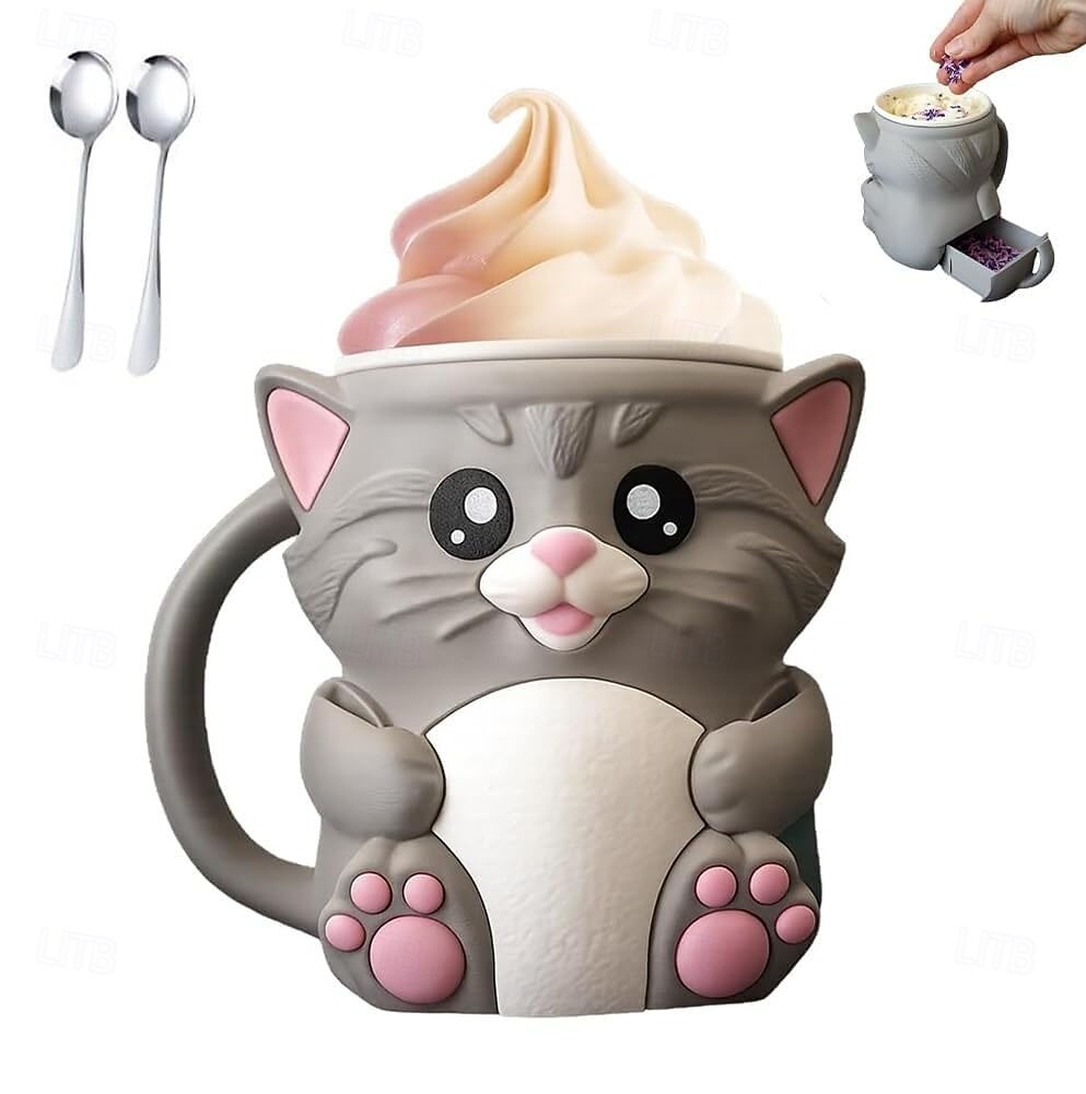 מחזיק קרח של Cuddles the Cat עם 2 כפיות, מעמד לחצי גלידה, מכיל 473 מ"ל/16 אונקיות של גלידה, מיכלי גלידה רב פעמיים, מחזיקי ארטיקים, מתנות אידיאליות לאוהבי חתולים 2025 - $33.99 –P1