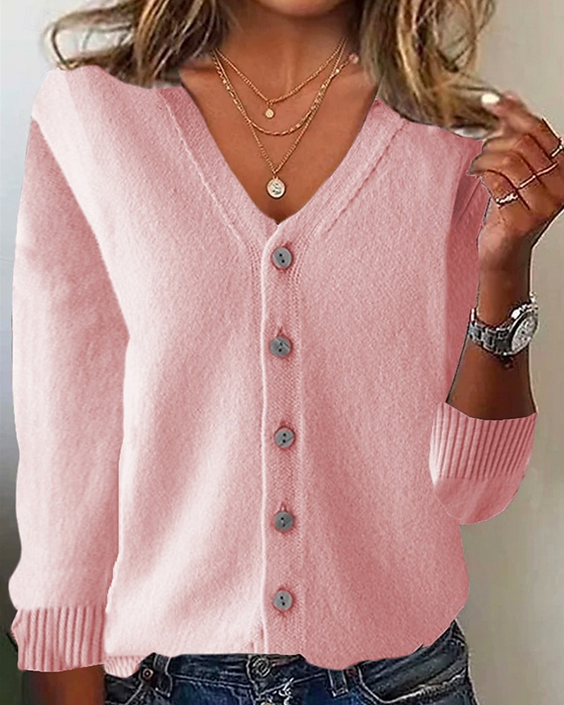 Per donna Felpa Cardigan Moda Streetwear Quotidiano Tinta unica A Coste Scollo a V Lavorato a maglia Manica Lunga Top Regolari Maglia Ferie Uscire Weekend Nero Bianco Autunno Inverno del 2025 a $9.99 –P1