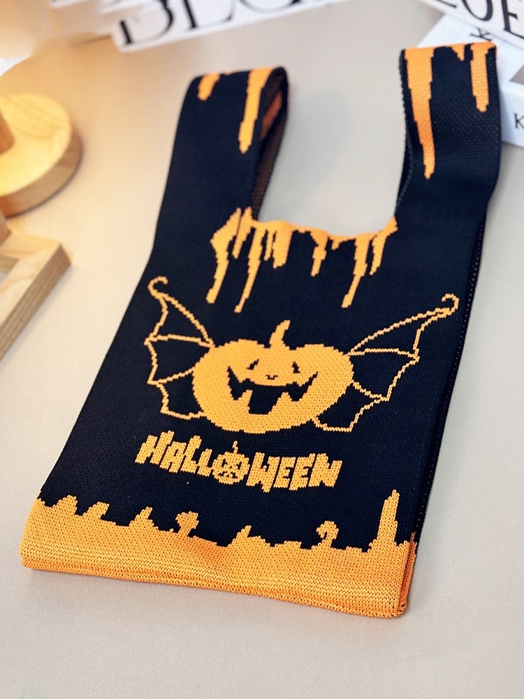 Dámská halloweenská taška – pletená kabelka se vzorem dýně a netopýra na koledování, ležérní opakovaně použitelná taška přes rameno na párty, nákupy a vánoční dárek 2025 - $9.99 –P4
