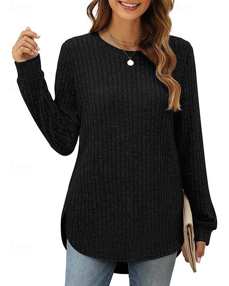 Damen Textur Bluse T Shirt T-Shirt Einfach Mode Modern Langarm Rundhalsausschnitt Normale Oberteile Täglich Ausgehen Asymmetrisch Schwarz Wein Fuchsie Braun Grün Frühling Herbst 2025 - $21.99 –P5