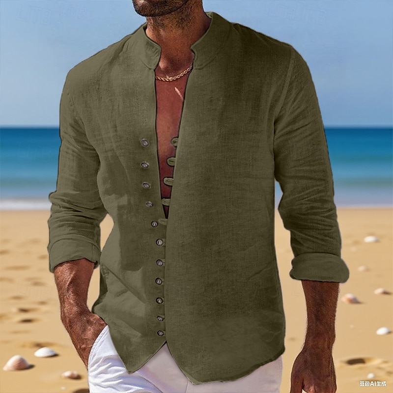 Per uomo Camicia Camicia di lino Camicia Estiva Camicia casual Camicia con Bottoni Semplice Vacanza Crociera Nero Bianco Rosa Blu Manica Lunga Colletto alla coreana Estate Primavera & Autunno del 2025 a $22.99 –P8
