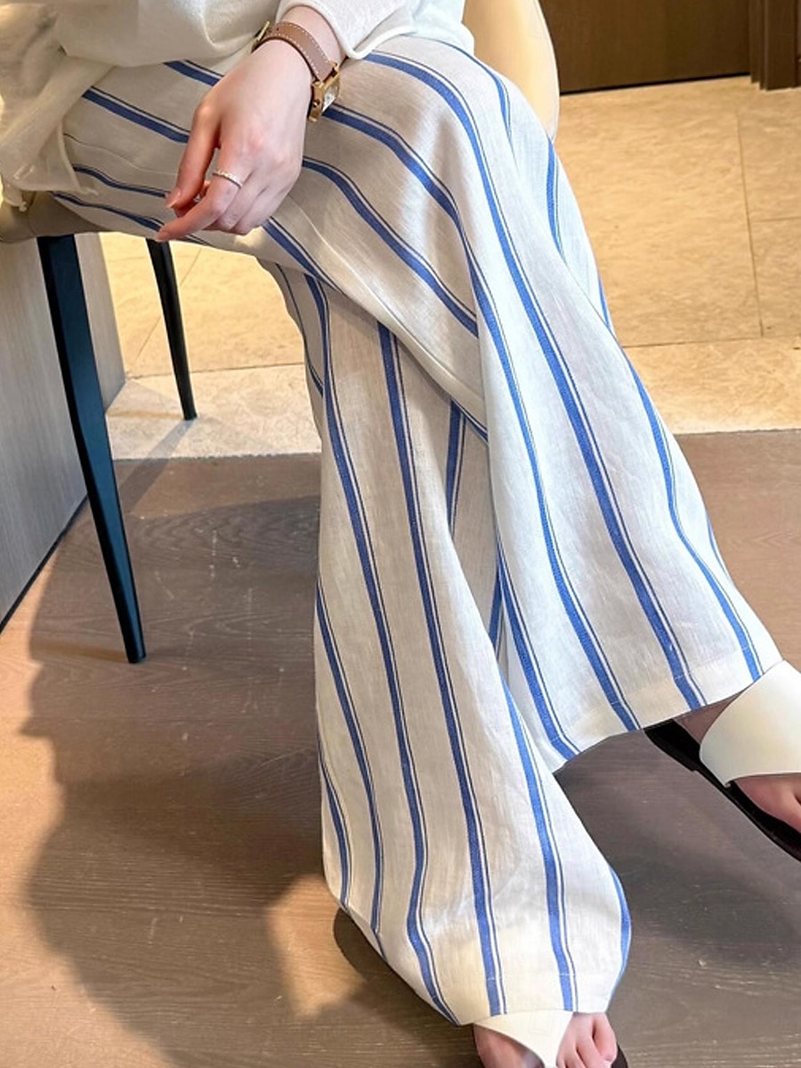 Dame Linbukser i bomull Frekk Ferie Årgang Etnisk stil Full lengde Medium Midje Stripet Snorer Lomme Elastisk midje comfy Pusteevne Myk Uelastisk Feriereise Hjem Gate Blå og hvite striper Sommer Vår 2025 - $40.99 –P6