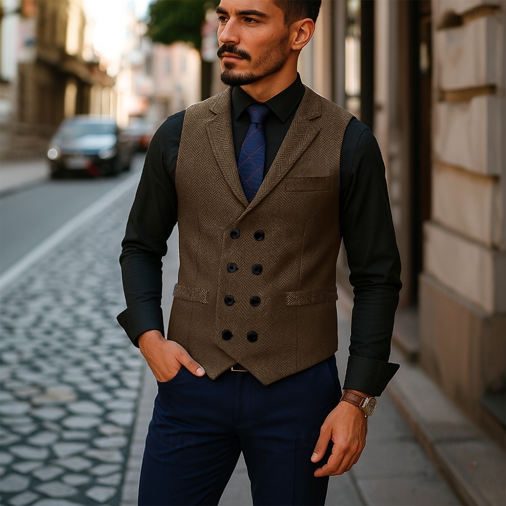 Herre سترة Veste Feriereise Daglig Bryllupsfest Stevnemøte Årgang Mote Vår Høst Lomme Knapper Polyester Tweed Bekvem عادي Fiskebein Dobbeltkneppet Hakkjakkeslag Normal Burgunder kaffe Grå Vest 2025 - $35.99 –P2
