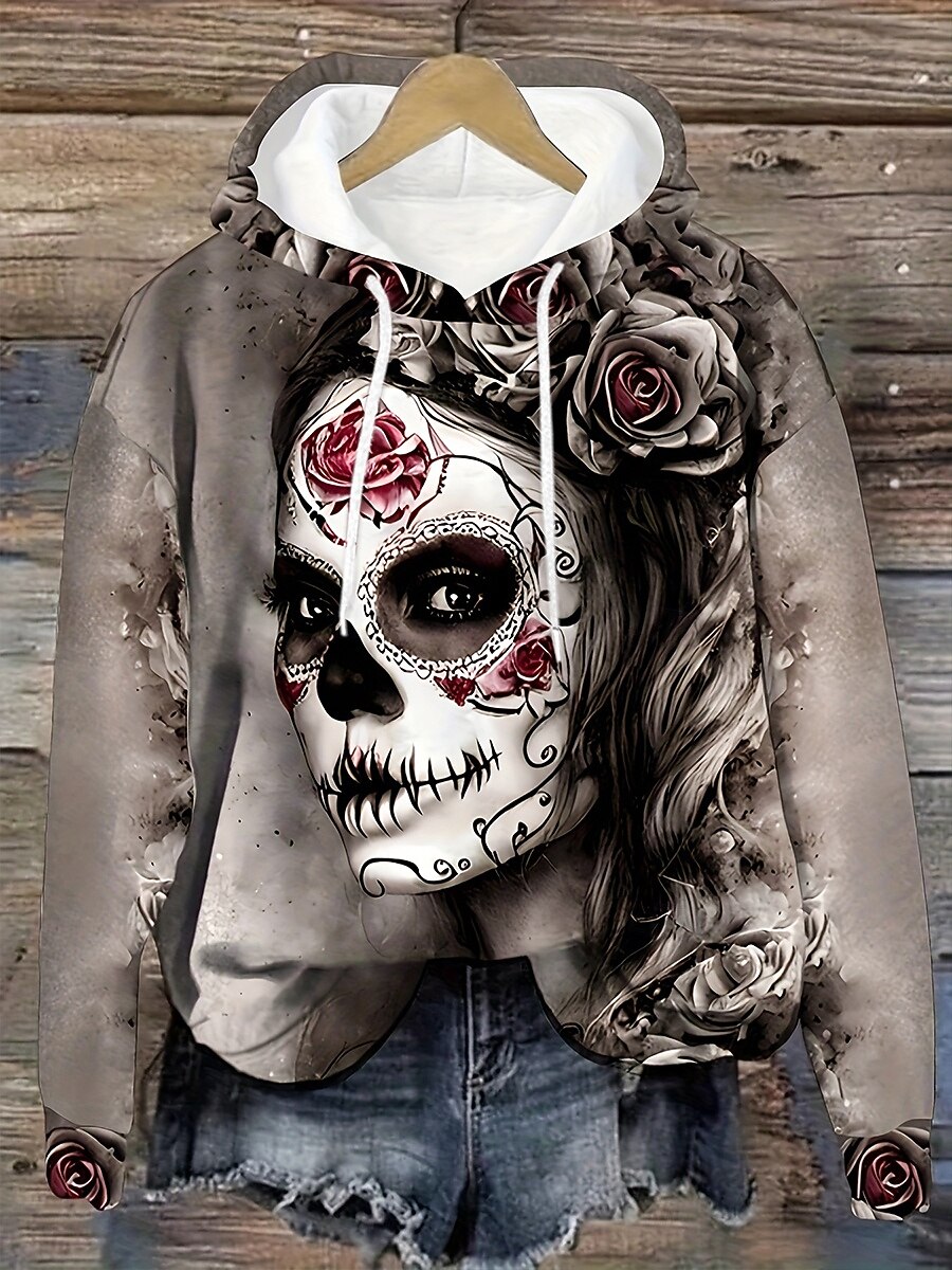 Damen Kapuzenpullover Grafik Schädel Mode Lässig Druck Langarm Mit Kapuze Normale Oberteile Straße Alltagskleidung Kordelzug Druck Grau Herbst Winter 2025 - $24.99 –P1