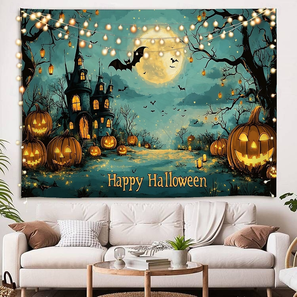 שטיח רקע ליל כל הקדושים, תליית קיר של טירת רפאים בלילה, דלעת מכשפה, ציור קיר דקורטיבי גדול לחדר שינה, סלון, מסיבה וקישוט הבית 2025 - $14.99 –P6