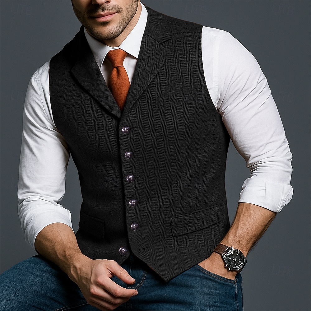 Herren Tweedweste Weste Formell Hochzeit Urlaub Täglich Mode Klassisch Frühling Herbst Tasche Knöpfe Polyester Tweed Bequem Einfach Fischgrätenmuster Einreihig V Ausschnitt Revers Schmale Passform 2025 - $35.99 –P17