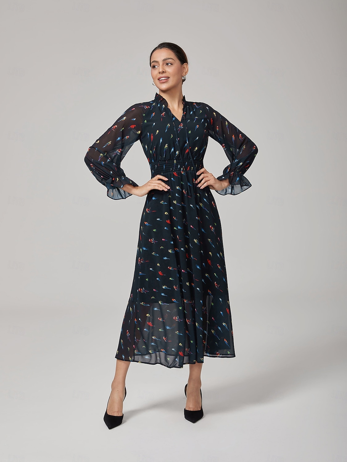 Mulheres Vestido casual Vestido Longo Vestido Maxi Preto Manga Longa Papagaio gravata na frente Primavera & Outono Estações Cruzadas Decote V Férias S M L de 2025 por $86.99 –P3
