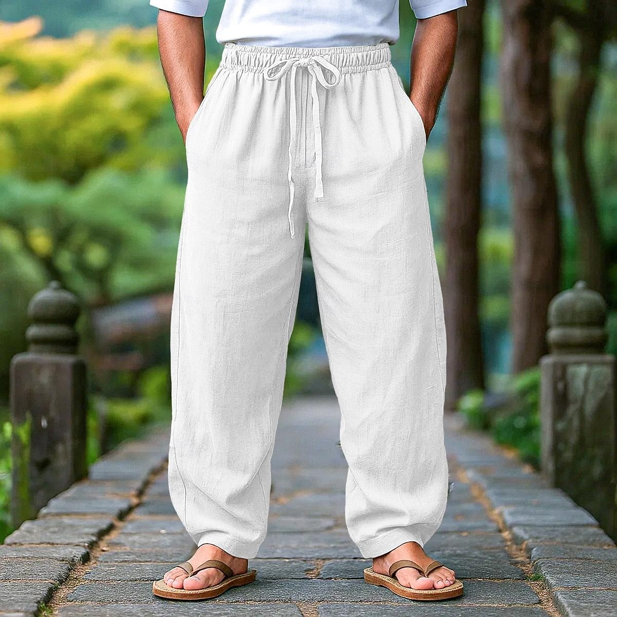 Bărbați Pantaloni de in Pantaloni Pantaloni de vară Pantaloni de plajă Cordon Talie elastică Pliuri Simplu Confort Respirabil Lungime totală În aer liber Casual Zilnic Vacanță Modă Negru Alb Inelastic 2026 - $29.99 –P7