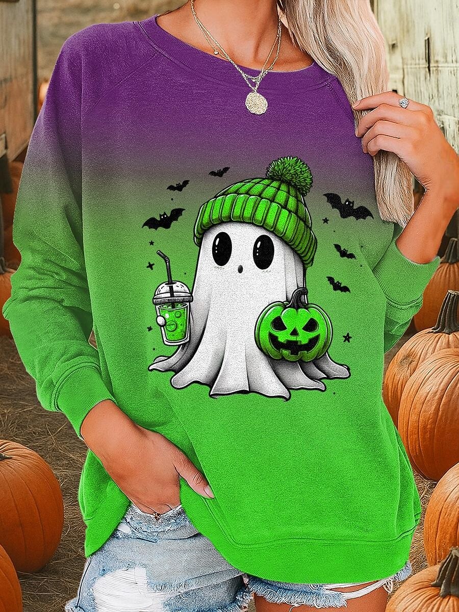 halloween damtröjor grafisk mode casual långärmad rund hals vanlig topp gata vardagskläder casual tryck blå lila orange grön höst vinter 2025 - $22.99 –P2