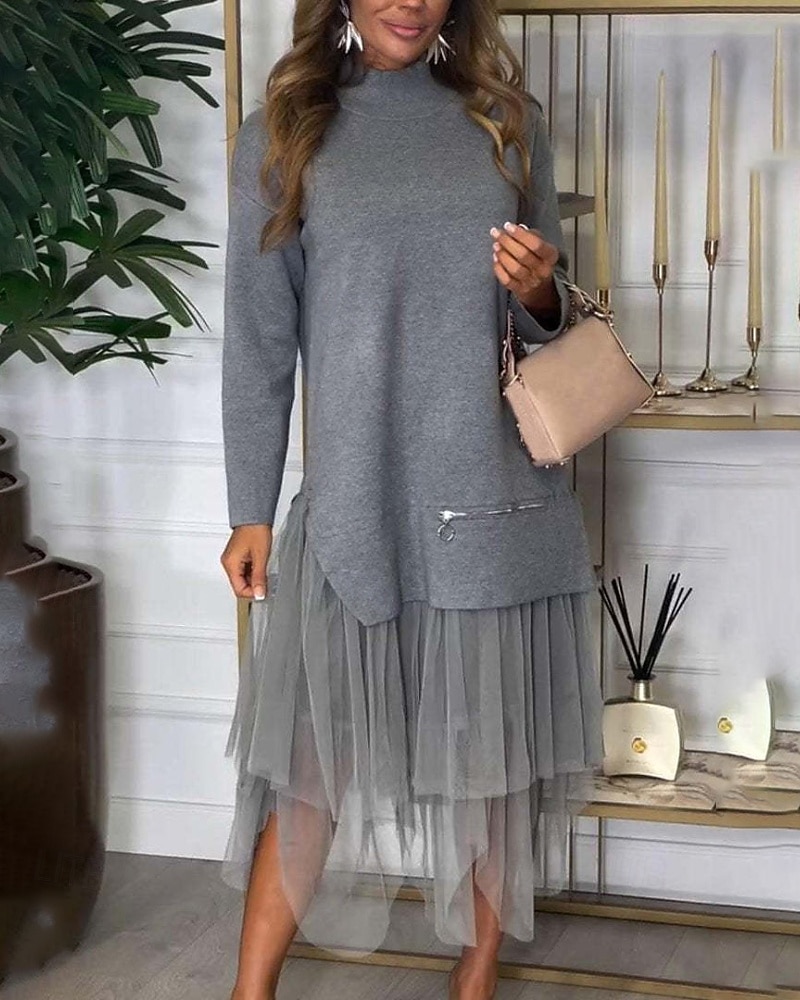 Dam Midiklänning Klänning Set Mode Modern Utomhus Semester Helgdag Normal Slät Långärmad Polokrage Svart Blå Brun Grå Vinter 2025 - $31.99 –P1