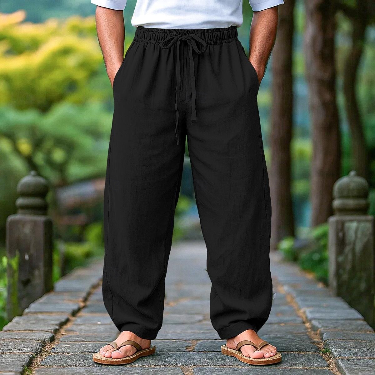 Bărbați Pantaloni de in Pantaloni Pantaloni de vară Pantaloni de plajă Cordon Talie elastică Pliuri Simplu Confort Respirabil Lungime totală În aer liber Casual Zilnic Vacanță Modă Negru Alb Inelastic 2026 - $29.99 –P11