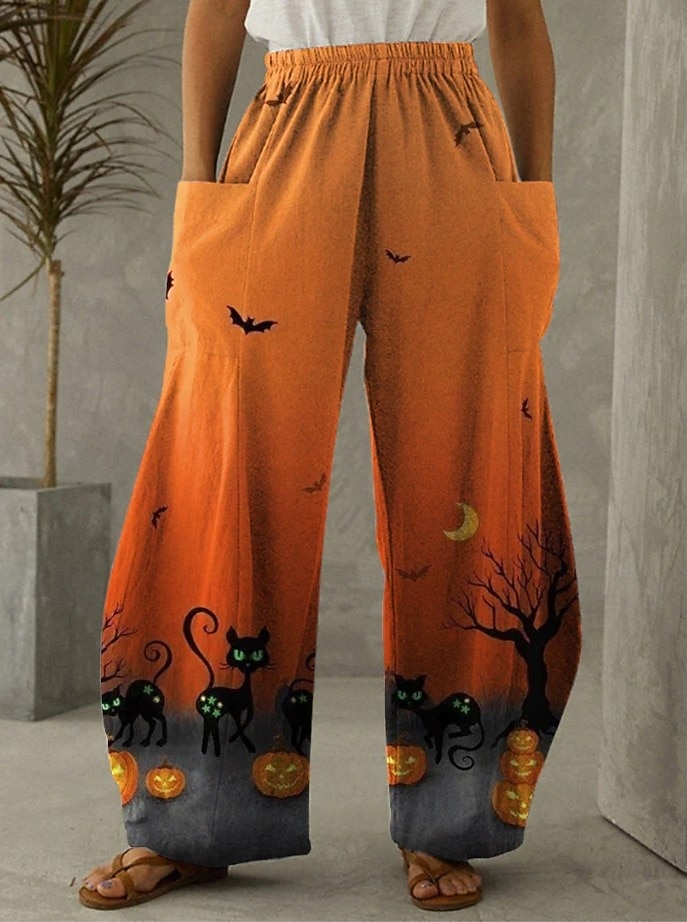 Damen Hose aus Baumwollleinen Urlaub Vintage Ethno-Stil Volle Länge Mittlere TaillePantsHalloween Katze Kürbis Halloween Drucken Bequem Unelastisch Urlaub Straße Lässig Asche Schwarz Fuchsie Orange 2025 - $35.99 –P1