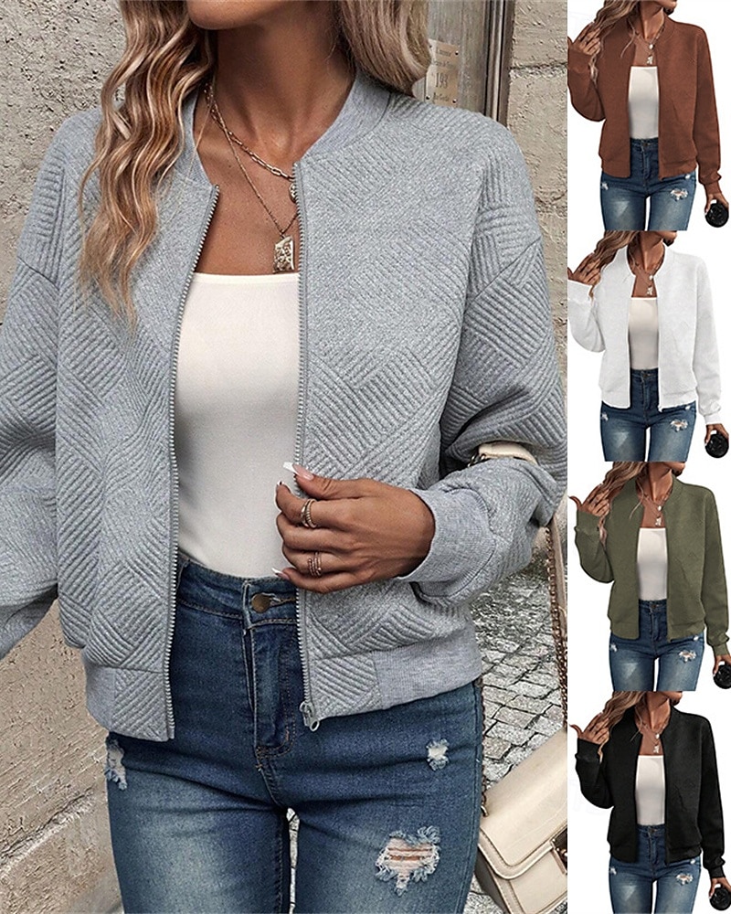 Damen Freizeitjacke Strukturierte Jacken Bequem Reißverschluss Mode Modern Lässig Einfach Ausgehen Wochenende Reisverschluss Regulär Stehkragen Normale Passform Langarm Oberbekleidung Schwarz Wei 2025 - $26.99 –P1