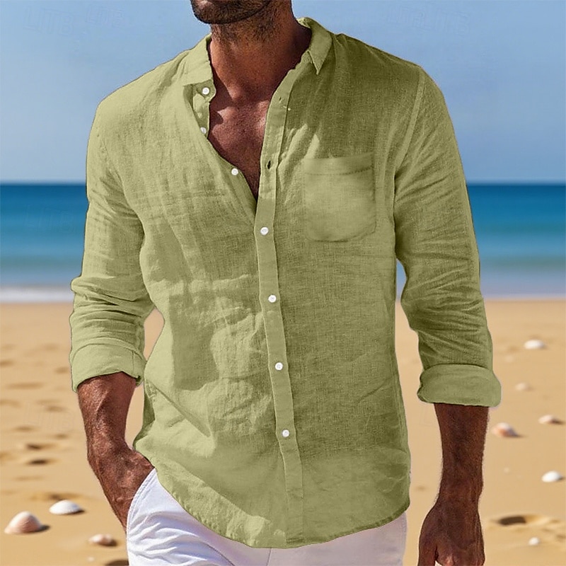 Voor heren Overhemd Linnen overhemd Zomer overhemd Button-down overhemd Strand hemd Overhemden zonder broek Effen Vakantie Alledaagse kleding Zwart Wit Lichtgroen Blozend Roze Lange mouw Strijkijzer 2025 - $21.99 –P1