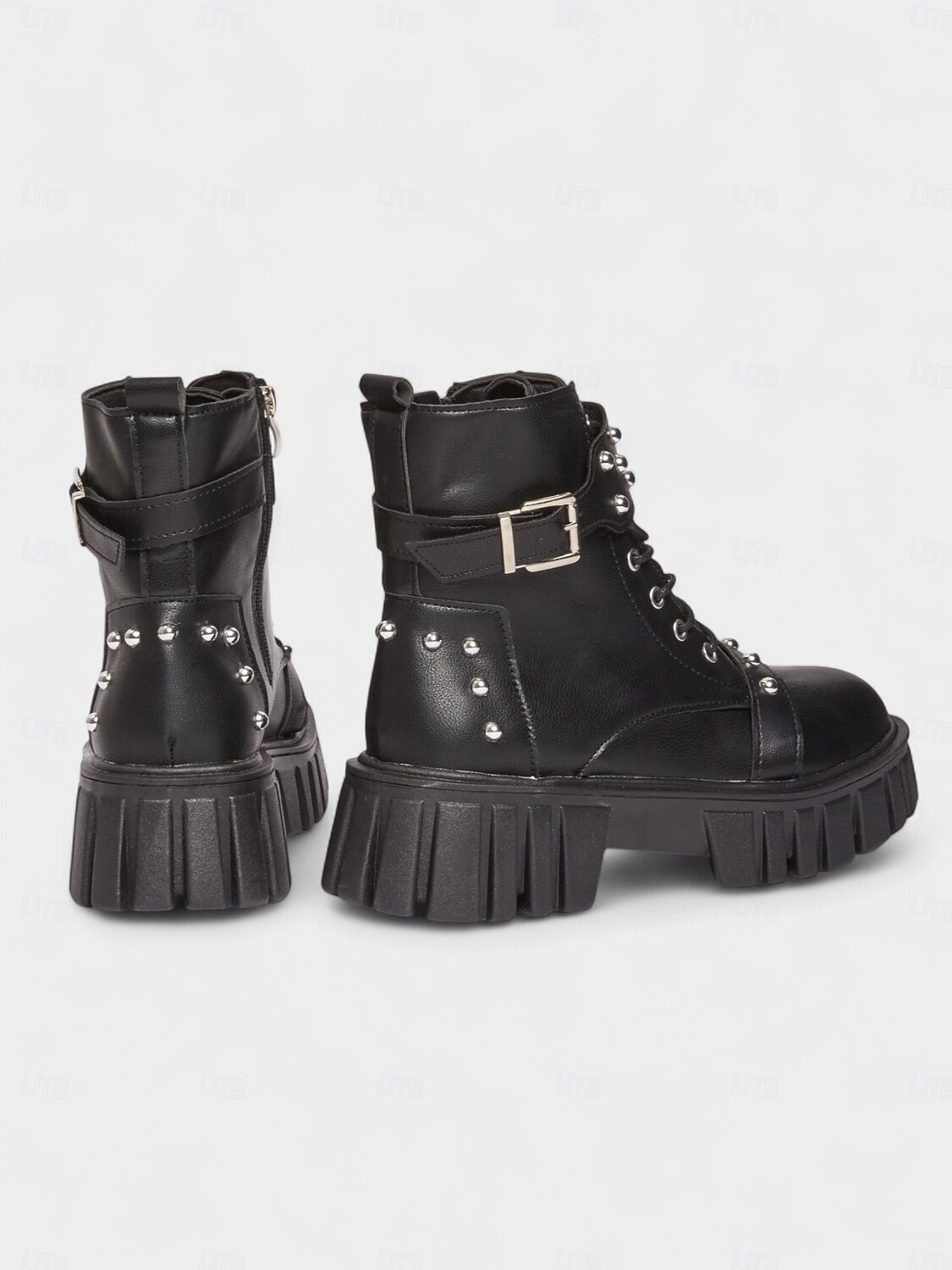 bottes motardes cloutées en similicuir noir pour femme avec semelle plateforme épaisse et fermeture éclair latérale &Bottines à boucle style punk pour ados et femmes, idéales pour les concerts et le de 2025 ? $29.99 –P6