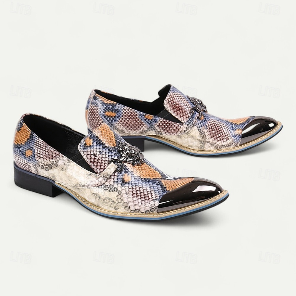 Sapatos sociais masculinos de pele de cobra multicolorida com bico fino – slip-ons de couro de vaca exótico com biqueira de metal para shows, festas temáticas e eventos de moda de 2026 por $119.99 –P5