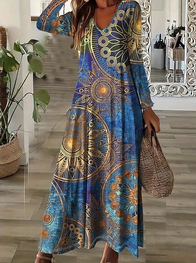 Női Maxiruha Pólóruha A vonalú ruha Szabadság Alkalmi Boho Randi Normál Virágos Paisley Hosszú ujj V-alakú Királykék Sötétkék Ősz Tél 2025 - $38.99 –P1