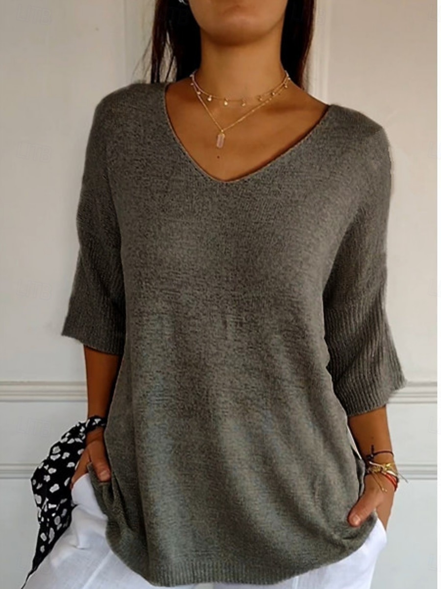 Per donna Felpa Maglione Quotidiano Elegante Casual Tinta unica A Coste Scollo a V Lavorato a maglia Manica 3/4 Top Regolari Maglia All'aperto Quotidiano Nero Bianco Estate Primavera del 2025 a $21.99 –P1