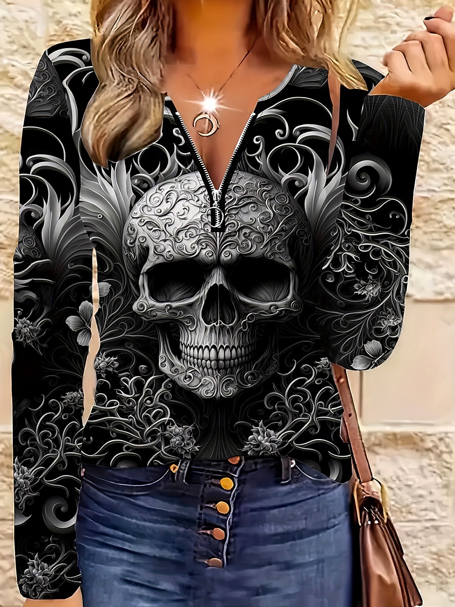 Halloween Γυναικεία Μπλουζάκι Γραφική Νεκροκεφαλές Κομψό Βίντατζ Στυλάτο Μακρυμάνικο Λαιμόκοψη V Στρογγυλή Λαιμόκοψη Λαιμός με εγκοπή Κανονικά μπλουζάκια Καθημερινά Σαββατοκύριακο Φερμουάρ Στάμπα 2025 - $23.99 –P1