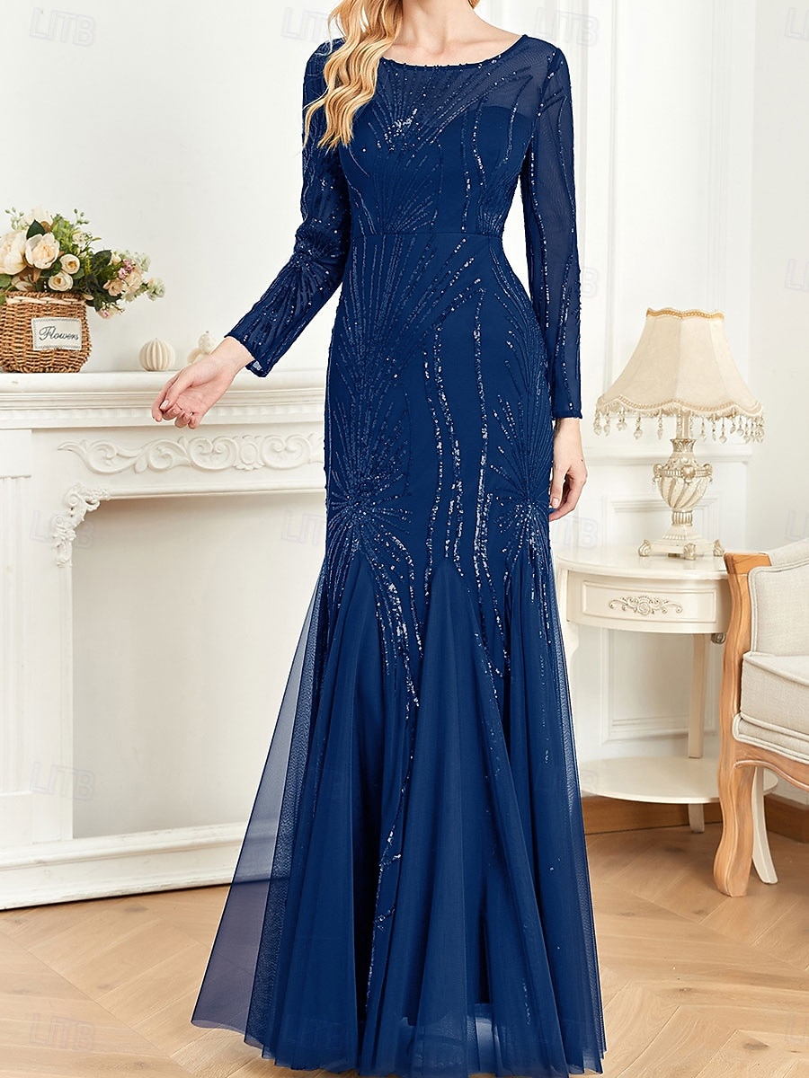Dress Mother of the Bride Dress Elegant Party Crew Neck Floor Length Cotton Blend Long Sleeve with Sequin 2025 - $104.99 –P1