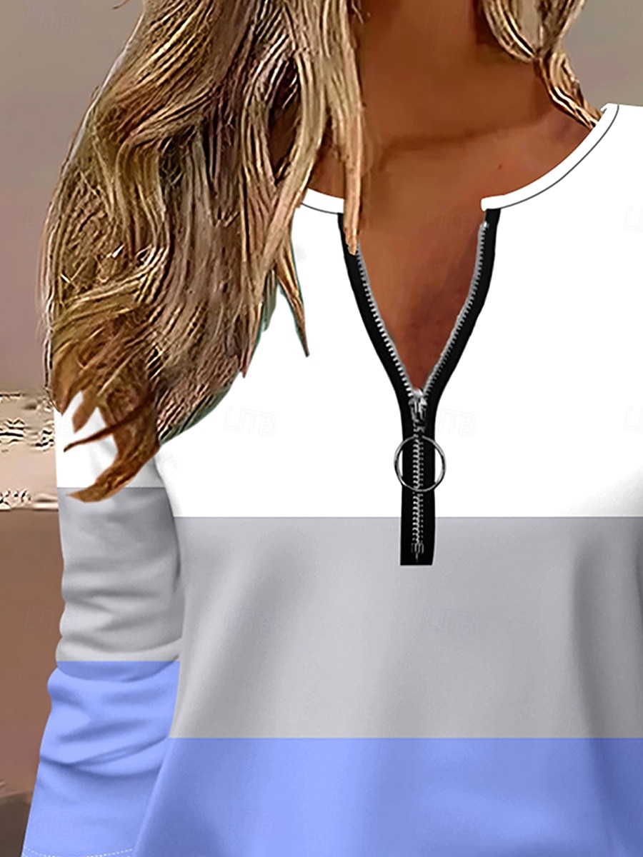 Femmes T-shirt Graphique Géométrique Rayé Élégant ancien Classique manche longue Col rond Encolure en V Hauts Réguliers Quotidien Week-end Fermeture éclair Imprimé Bleu Printemps Automne Hiver de 2025 ? $23.99 –P2
