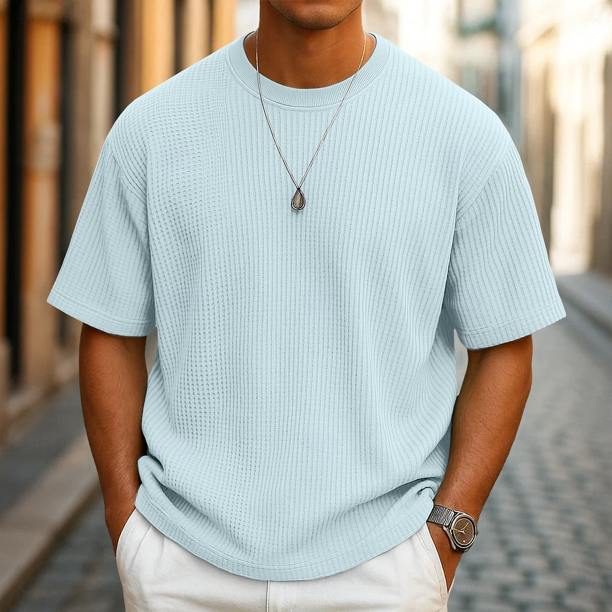 Homme Tee-shirt Gaufre T-shirt Manche Courte Col ras du cou Été Toutes saisons Couleur Unie Texturé Mode Designer Occasionnel Tricoté Extérieur Occasionnel Quotidien Vert Claire bleu marine Bleu de 2026 ? $18.99 –P6