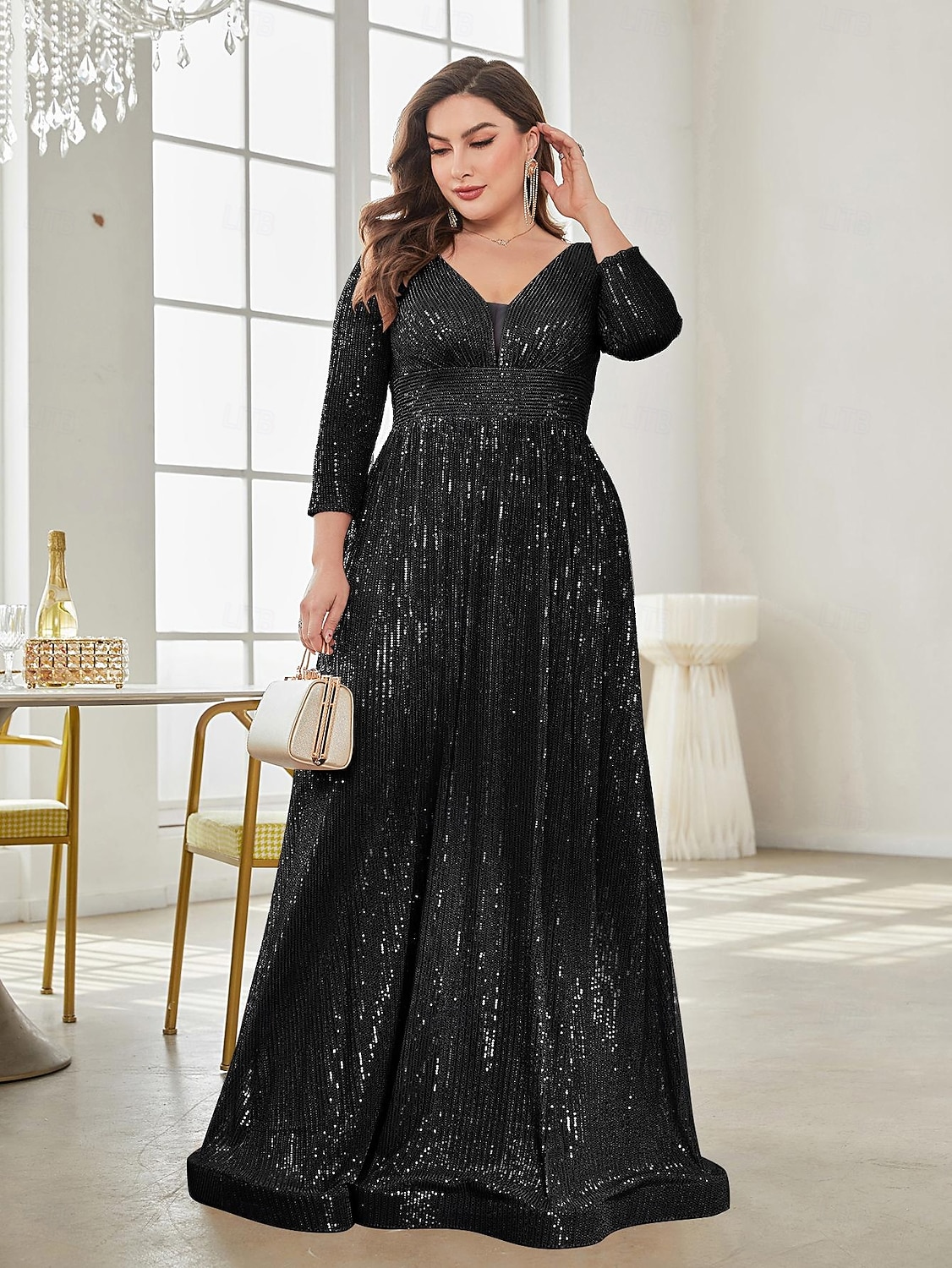 Linea ad A Lunghezza al pavimento Abiti da festa Elegante Manica Lunga Scollo a V Formale Invitato a matrimonio autunnale Con Paillettes con Glitter Paillettes del 2026 a $103.99 –P3
