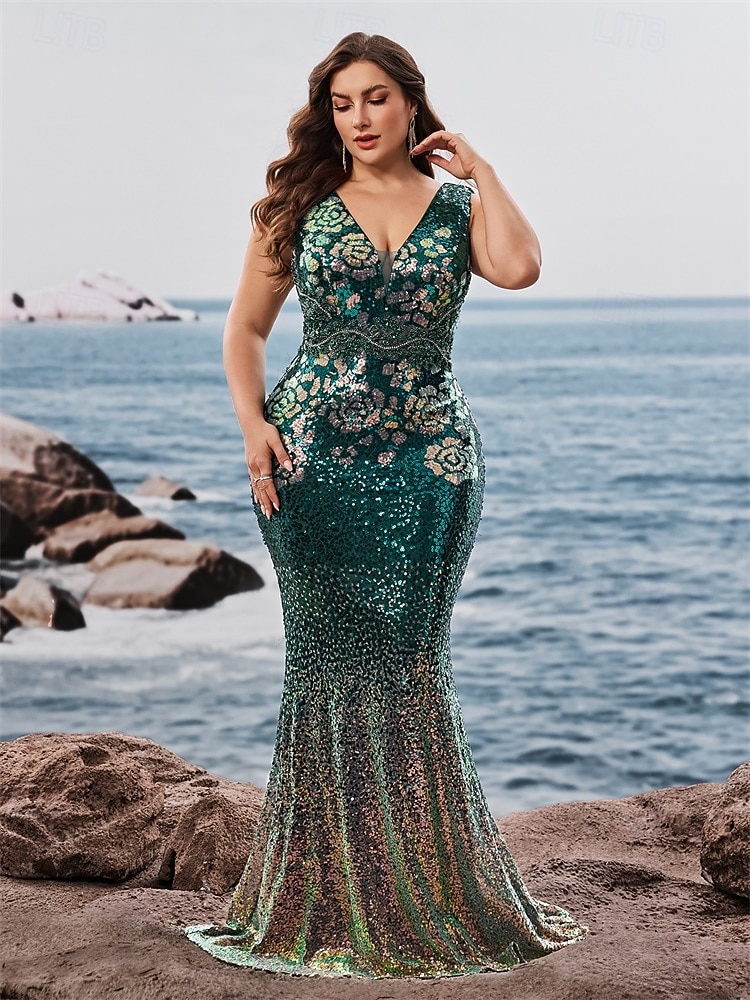 Meerjungfrau/Trompete Abendkleid, elegantes Kleid, formelle Abendparty, bodenlang, ärmellos, V-Ausschnitt, Herbst, Hochzeitsgast, Pailletten, V-Rücken mit Glitzerpailletten 2025 - $159.99 –P1