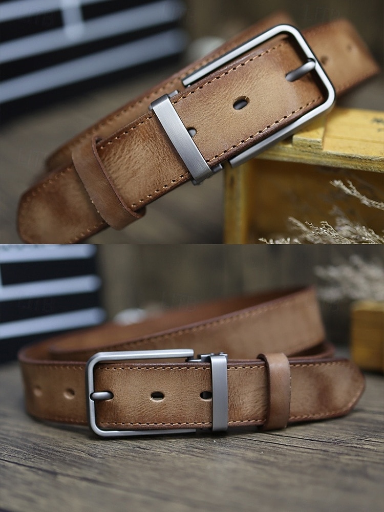 Мужской ремень из натуральной коровьей кожи – винтажный коричневый ремешок с пряжкой из матового сплава, регулируемый для джинсов, работы, деловой и повседневной одежды 2026 - $29.99 –P8