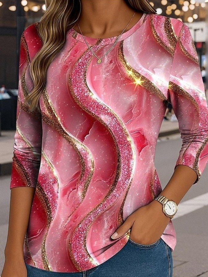 Pentru femei Tricou Imprimeu Grafic Geometric Dungi Epocă Stilat Casual Manșon Lung Stil Nautic Rotund Topuri obișnuite Zilnic Albastru piscină Roz Îmbujorat Mov Roz trandafiriu Vară Primăvară Toamnă 2026 - $24.99 –P1