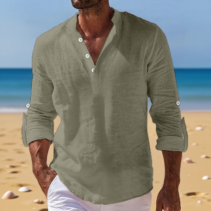 Per uomo Camicia di lino Camicia con colletto alla coreana Camicia popover Camicia casual Camicia da Spiaggia Semplice Vacanza Ferie Nero Bianco Rosa Arancione Manica Lunga Henley Estate Primavera del 2025 a $23.99 –P8