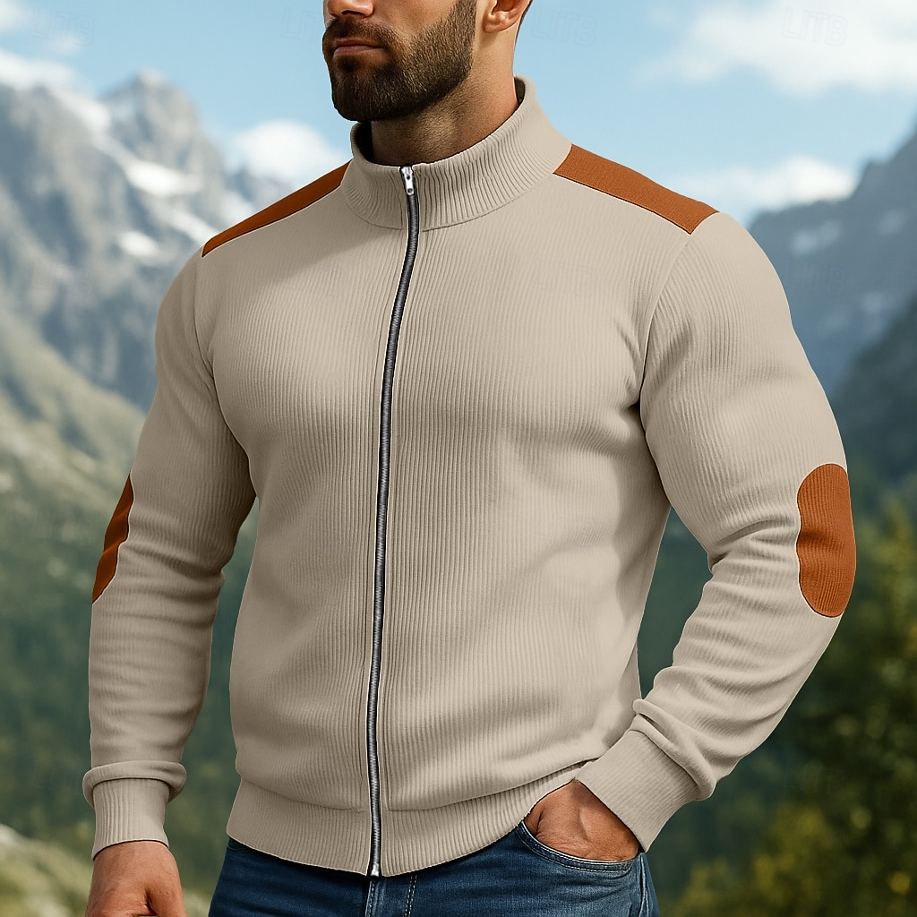 Homens Moletom Veludo Cotelê Moletom com capuz Estacionar Moletom com zíper completo Adamascado Preto Branco Azul Marinha Café Colarinho Clerical Tecido Patchwork Desportos e Ar livre Casual Diário de 2025 por $27.99 –P1