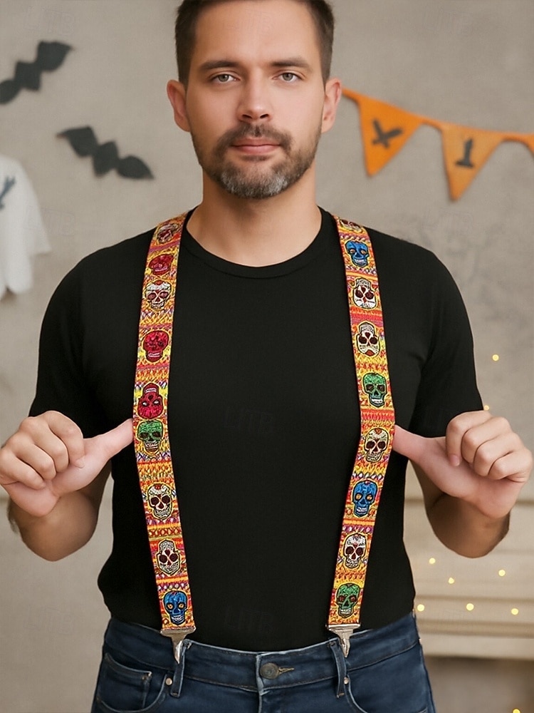 Herre Halloween-skjelettbensholdere – svarte justerbare elastiske Y-ryggseler med kraftige metallklips, gotisk stil for voksne, kostymefester, cosplay og temaarrangementer 2025 - $14.99 –P1