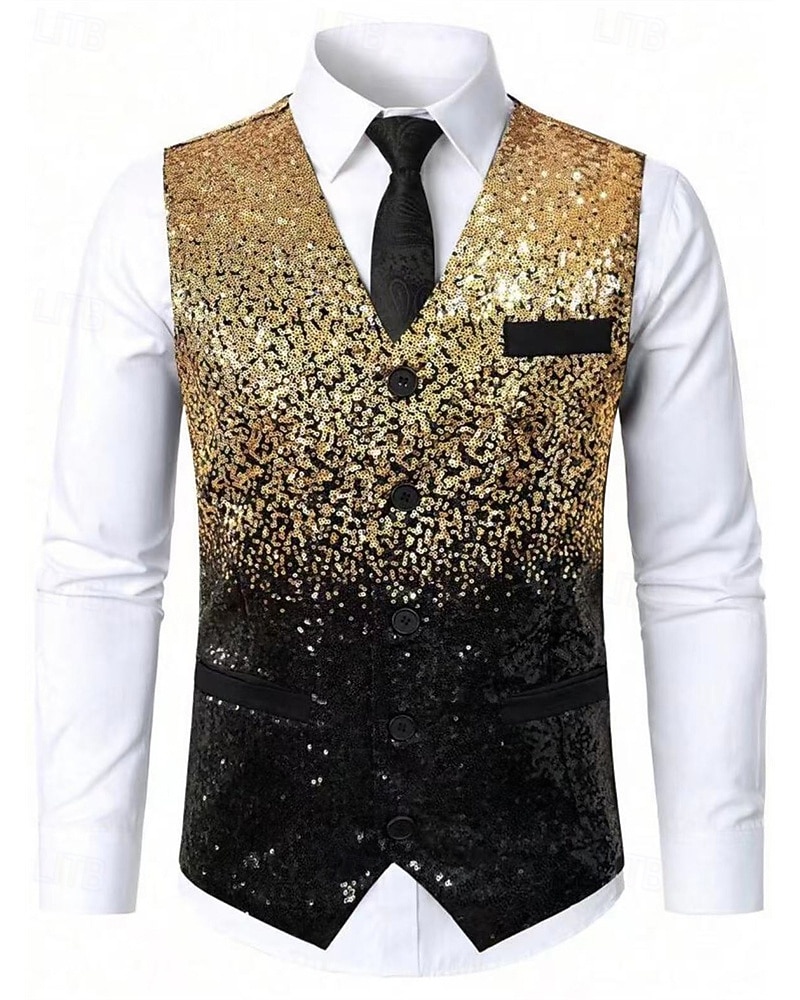Herre سترة Veste Gilet Feriereise Fest Virksomhet Mote Fritid Vår Høst Lomme Knapper Paljetter Polyester Bekvem Fargeblokk Enkelt Brystet Enn-knapp V-hals Normal Gull Vest 2025 - $37.99 –P2