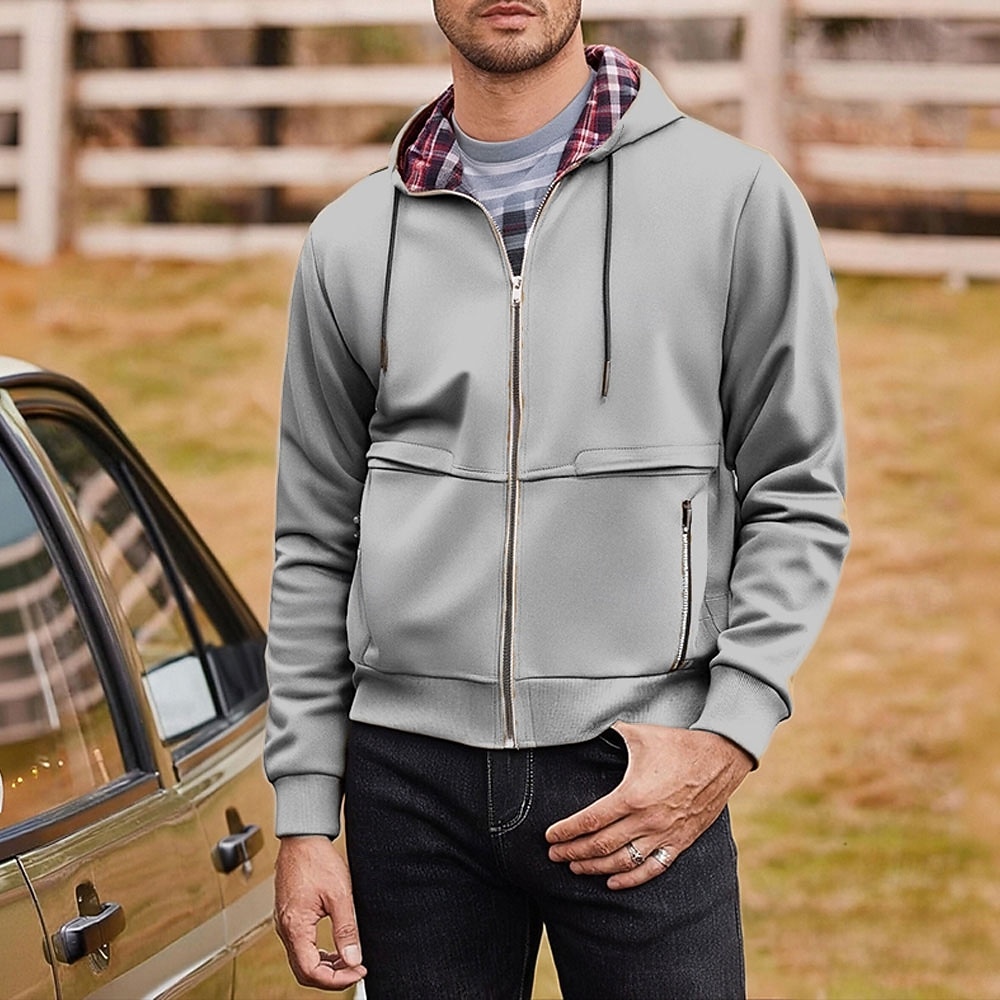 Per uomo Felpa con cappuccio Felpa con cappuccio a zip intera Nero Vino Marrone Grigio chiaro Con Cappuccio Plaid Con zip Tasca Sport & Outdoor Quotidiano Ferie Poliestere Streetwear Essenziale Casual del 2025 a $28.99 –P3