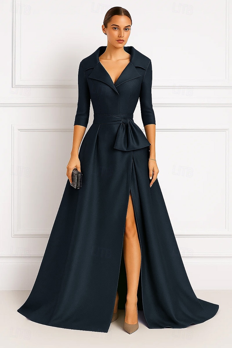 abito da sera elegante con scollo a V, a trapezio, abito formale da sposa, strascico a ruota, manica a 3/4, scollo a V, raso elasticizzato con fiocco e spacco 2025 del 2025 a $149.99 –P4