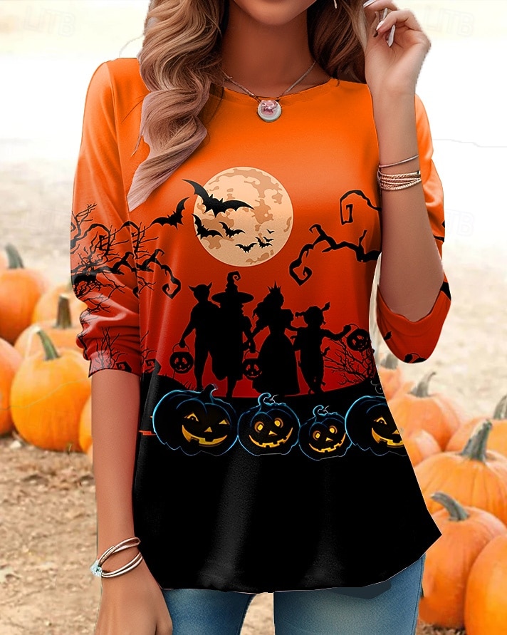 Koszulka Damska Czaszki Grafika Dynia Vintage Stylowa Klasyczna Długi Rękaw Okrągły Dekolt Regularne Bluzki Codzienny Druk Czarny Czerwony Jasnobrązowy Pomarańczowy Jasnoszary Jesień Zima 2025 - $22.99 –P5