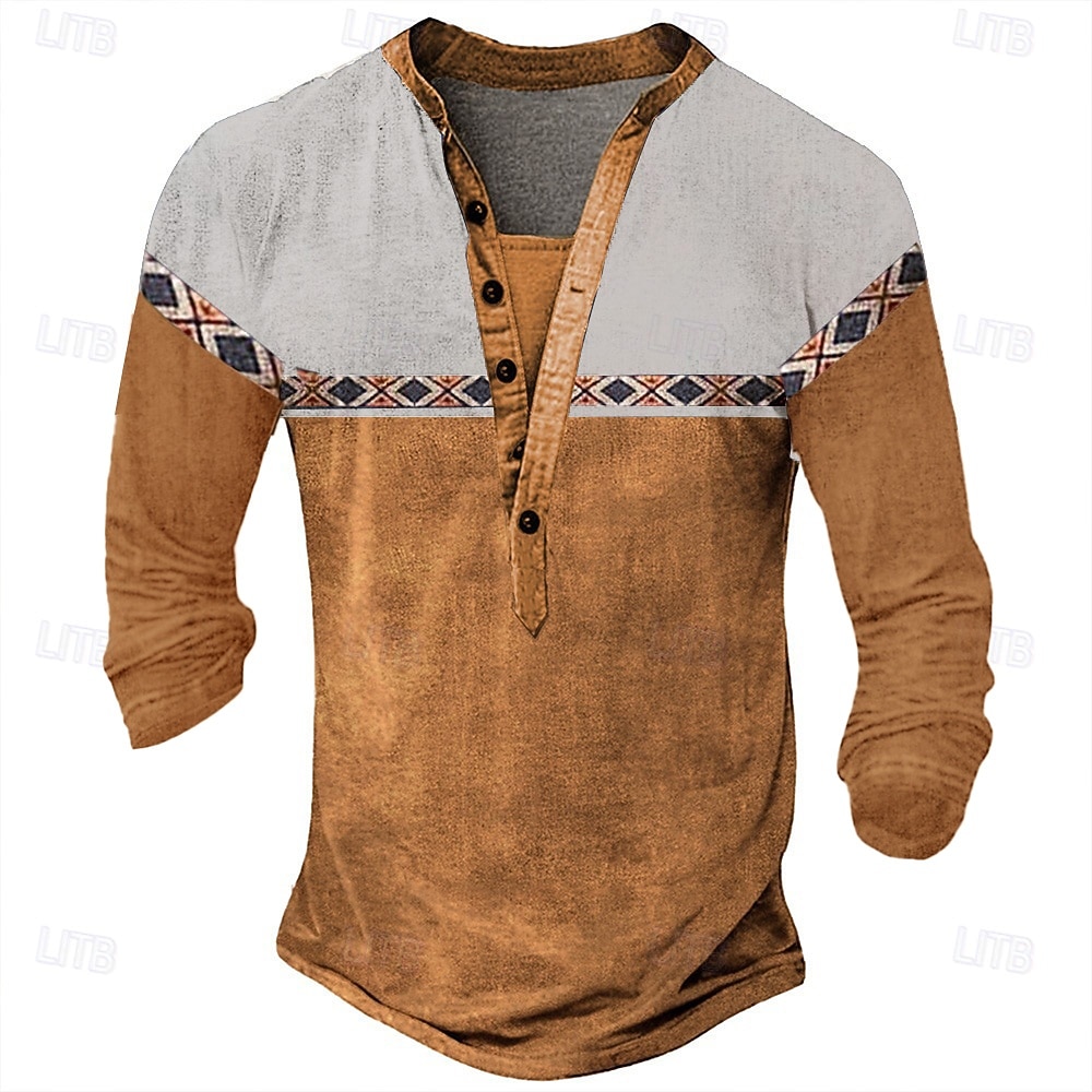 Men's Geometric Print T Shirt Henley Shirt Long Sleeve Designer Retro Vintage Ethnic Street Casual Daily Summer Spring Fall Black Green Navy Blue Brown Light Grey Henley Henley T-Shirt 2026 - $21.99 –P5