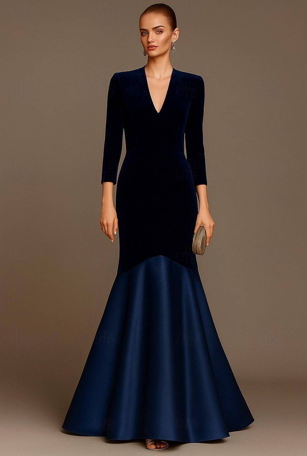 Vestido de noite sereia/trompete em veludo azul, elegante, formal, para casamento, comprimento até o chão, manga comprida, decote em V com pregas, 2025 de 2025 por $135.99 –P1
