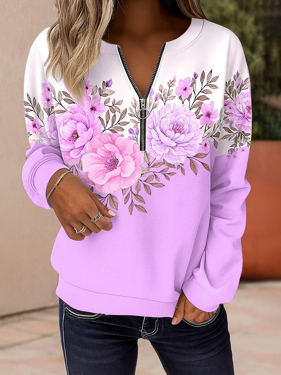 Damen Pullover Sweatshirt Sweatshirts mit Reißverschluss Reißverschluss Druck Blumen Grafik Mode Lässig Langarm Rundhalsausschnitt Normale Oberteile Straße Alltagskleidung Blau Rosa Purpur Grün 2026 - $27.99 –P4