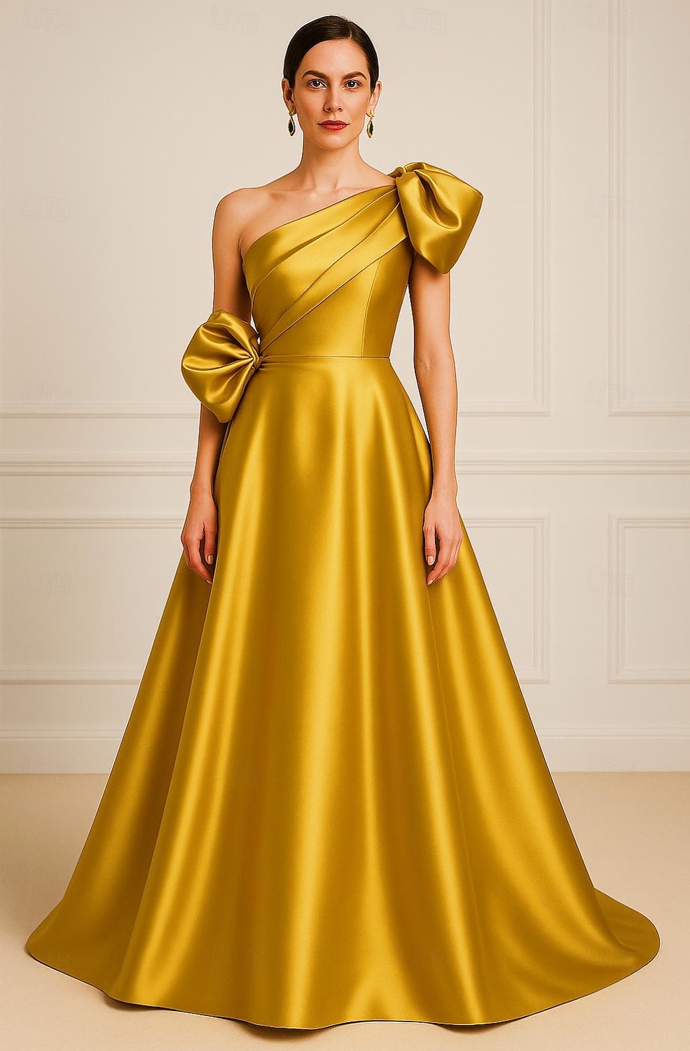 Vestido de Gala A-Line Vestido Elegante Formal Casamento Comprimento do Chão Sem Mangas Um Ombro Cetim com Bolsos e Pregas Flor de Ombro de 2025 por $142.99 –P1