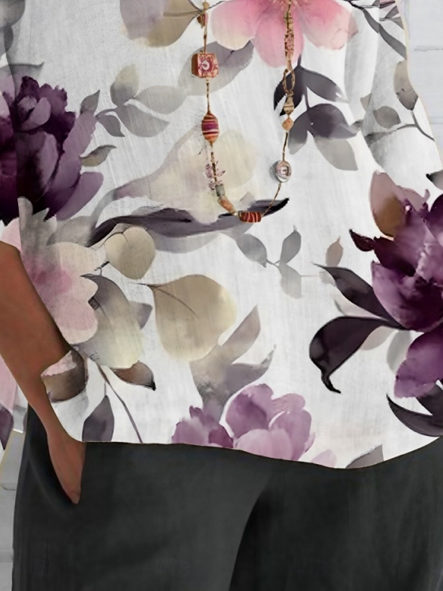 Mujer Camisa Floral Diario Casual Manga 3/4 Cuello Barco Tops regulares Diario Festivos Estampado Morado Verano Primavera Otoño 2025 - $26.99 –P2