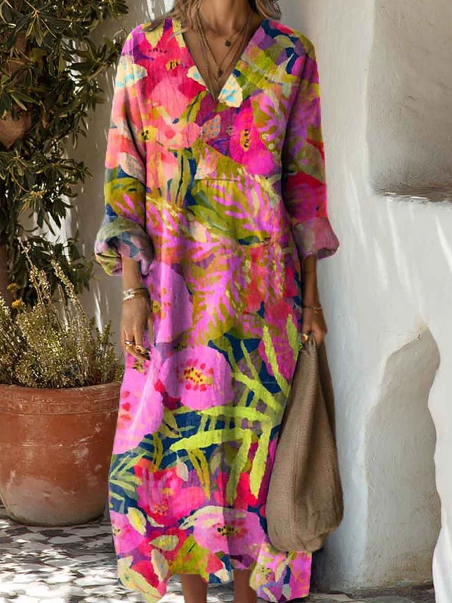 Mujer Vestido maxi Vestido de verano Vestido de una línea Vacaciones Casual Boho Playa Fiesta Festivos Ajuste regular Floral Graphic Geométrico Manga Larga Escote en Pico Azul Piscina Negro Rosa Rojo 2026 - $37.99 –P1