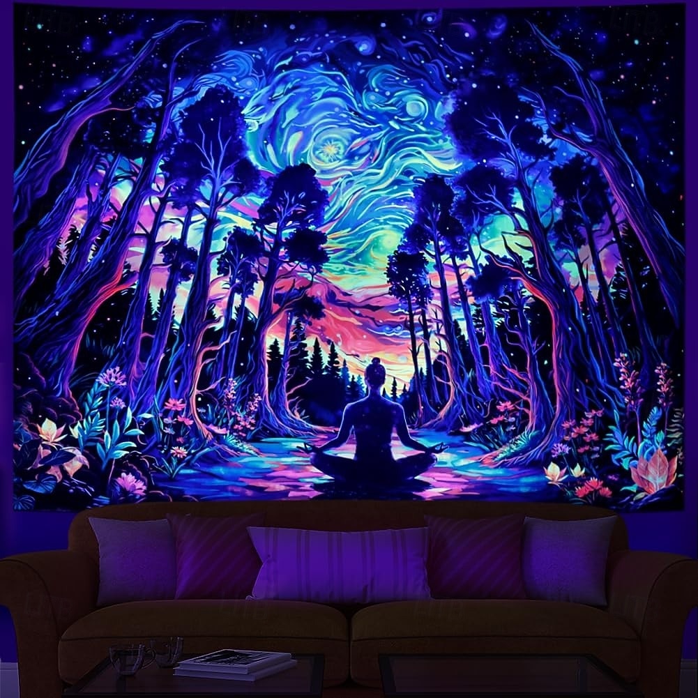 Schwarzlicht-Wandteppich mit psychedelischem Wald und Meditation, UV-reaktiv, kosmische Galaxie, Sternenhimmel, Wandkunst, Wandteppich, trippiges Yoga, spirituelles Chakra, Wandbehang, Wandteppiche 2026 - $17.99 –P2