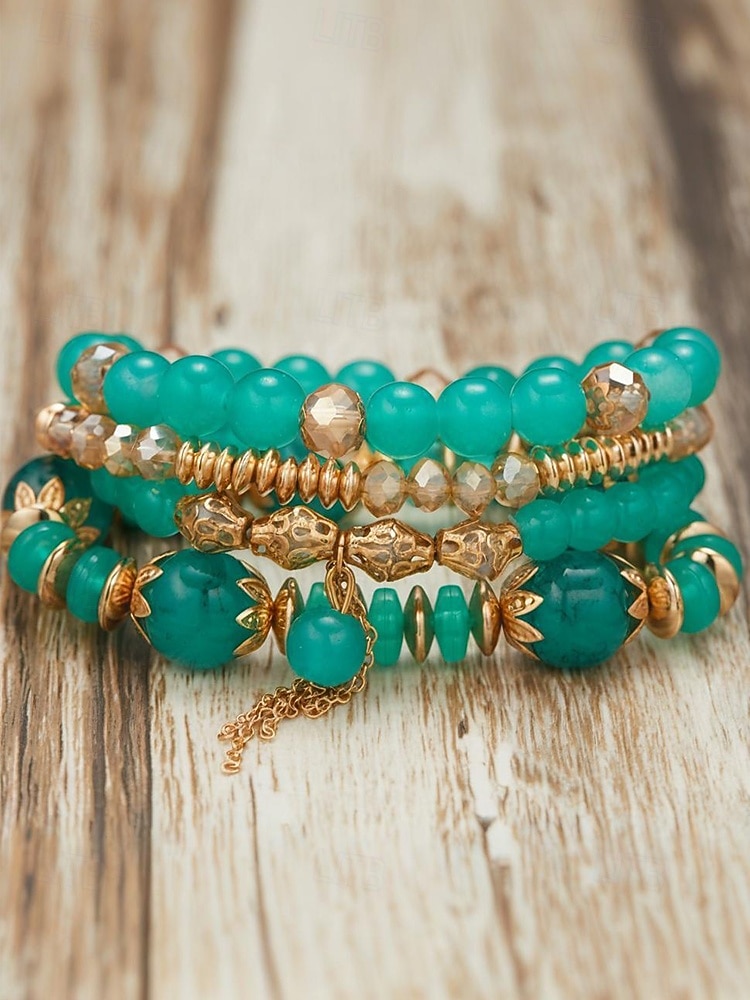 Damearmbånd med imiterte krystallperler og gulldetaljer, bohemsk lagdelt stretcharmbåndsmykke til fester, bryllup og hverdagsbruk 2026 - $8.99 –P5