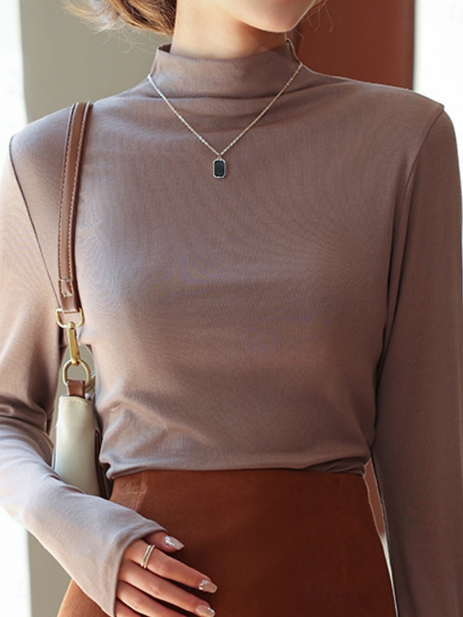 Damen Bluse Einfarbig Stilvoll Lässig Langarm Hoher Ausschnitt Normale Oberteile Täglich Blau Schwarz Weiß Braun Khaki Herbst Winter 2026 - $16.89 –P6