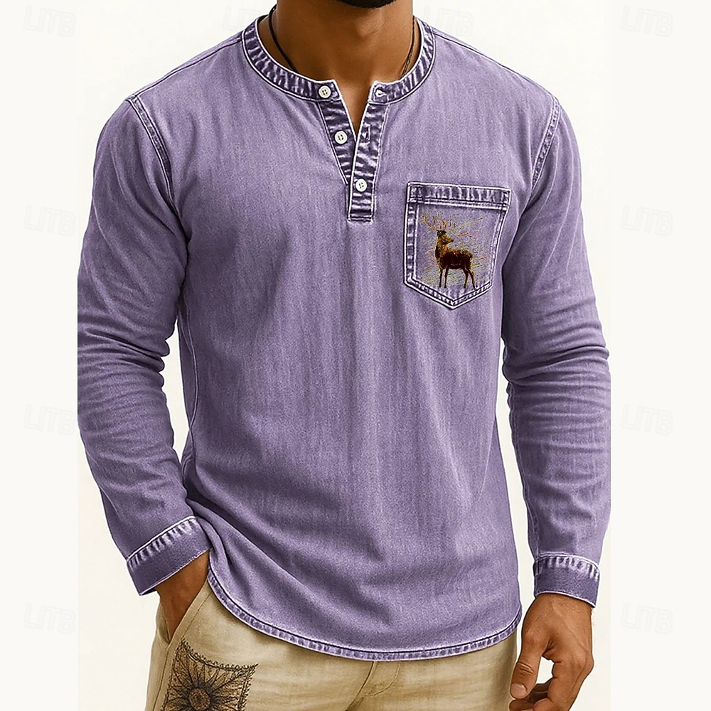 Voor heren Henley-shirt T-shirts T-shirt Shirt met lange mouwen Lange mouw Henley Herfst Winter Rendier Hert Modieus Ontwerper Mode Wijnoogst Vakantie Straat Uitgaan Donker Bruin Marine Zwart Top 2025 - $38.99 –P2