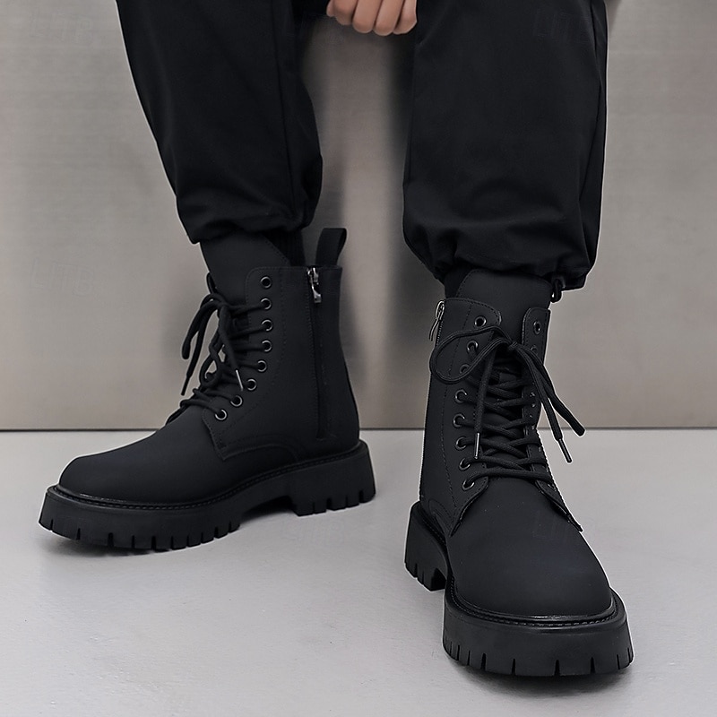 Svarte herrestøvler med snøring og glidelås på siden til kamp, slitesterkt kunstskinn, militærinspirert stil for utendørs-, arbeids- og streetwear-mote 2025 - $59.99 –P12
