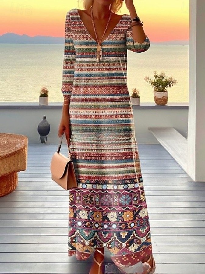 Per donna Abito maxi Vestito T-Shirt Abito a trapezio Vacanza Casual Boho Uscire Vestibilità regolare Floreale Grafico Geometrico Manica Lunga Scollo a V Marrone chiaro Blu Marrone Primavera Autunno del 2025 a $38.99 –P3